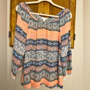 C Label Cold Shoulder Neon Peach & Blue Semi-sheer Blouse, Women’s M